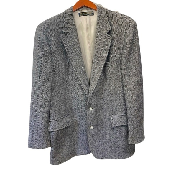 Brooks Brothers Wool Herringbone Blazer Sport Coat Black Cream SZ 43 LG